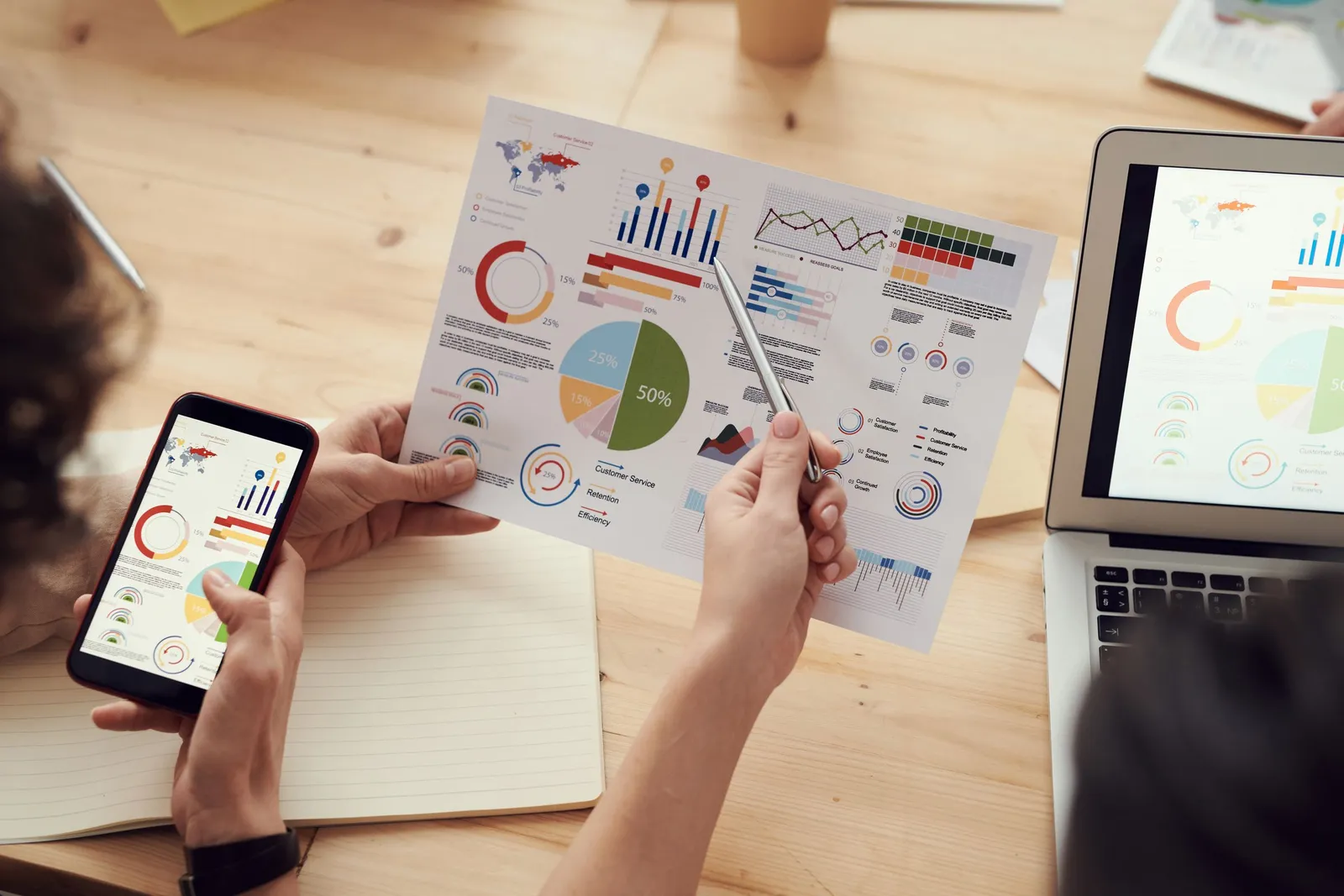 Tim meninjau lembar grafik dan diagram