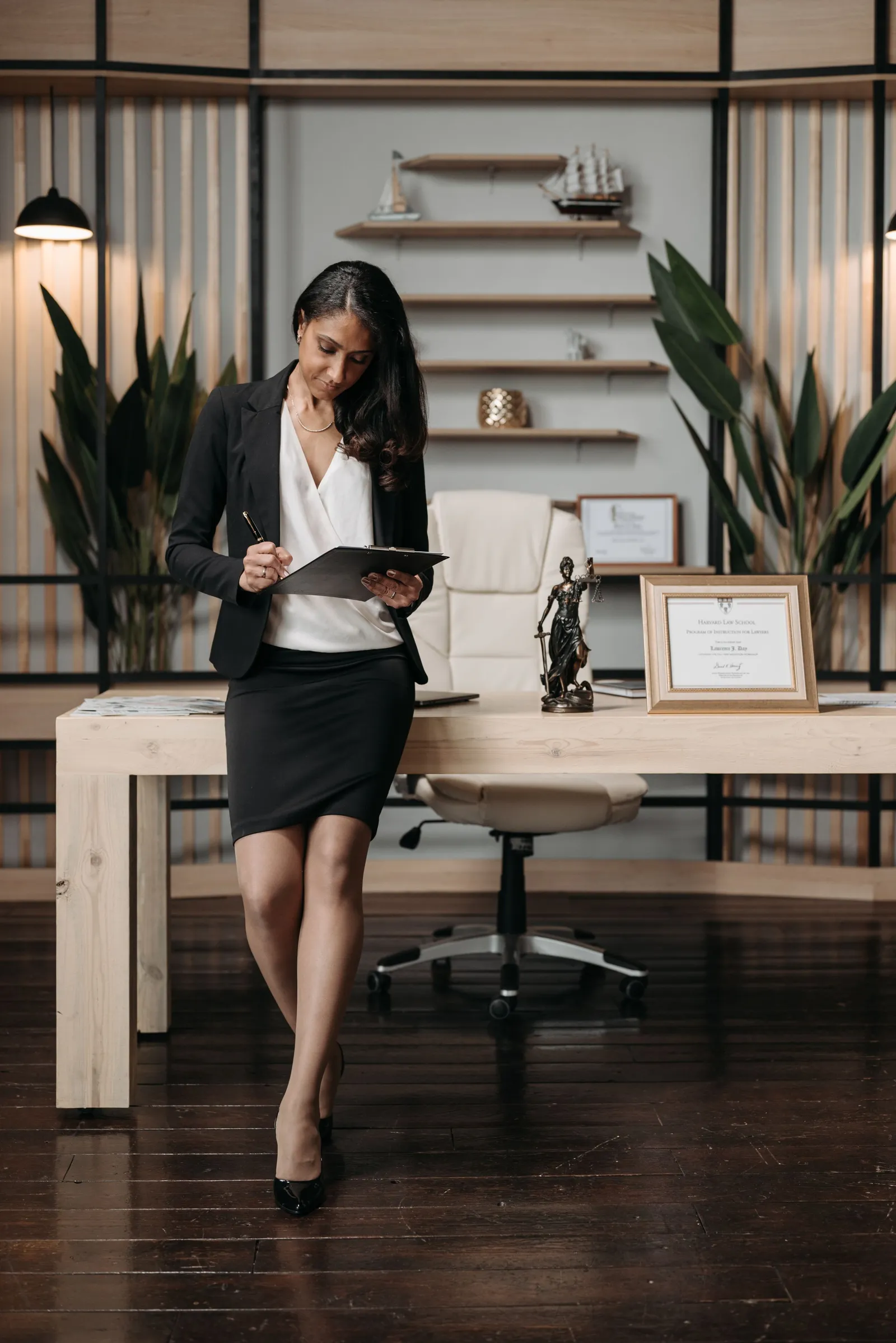 Perempuan membaca dokumen pada papan klip di kantor
