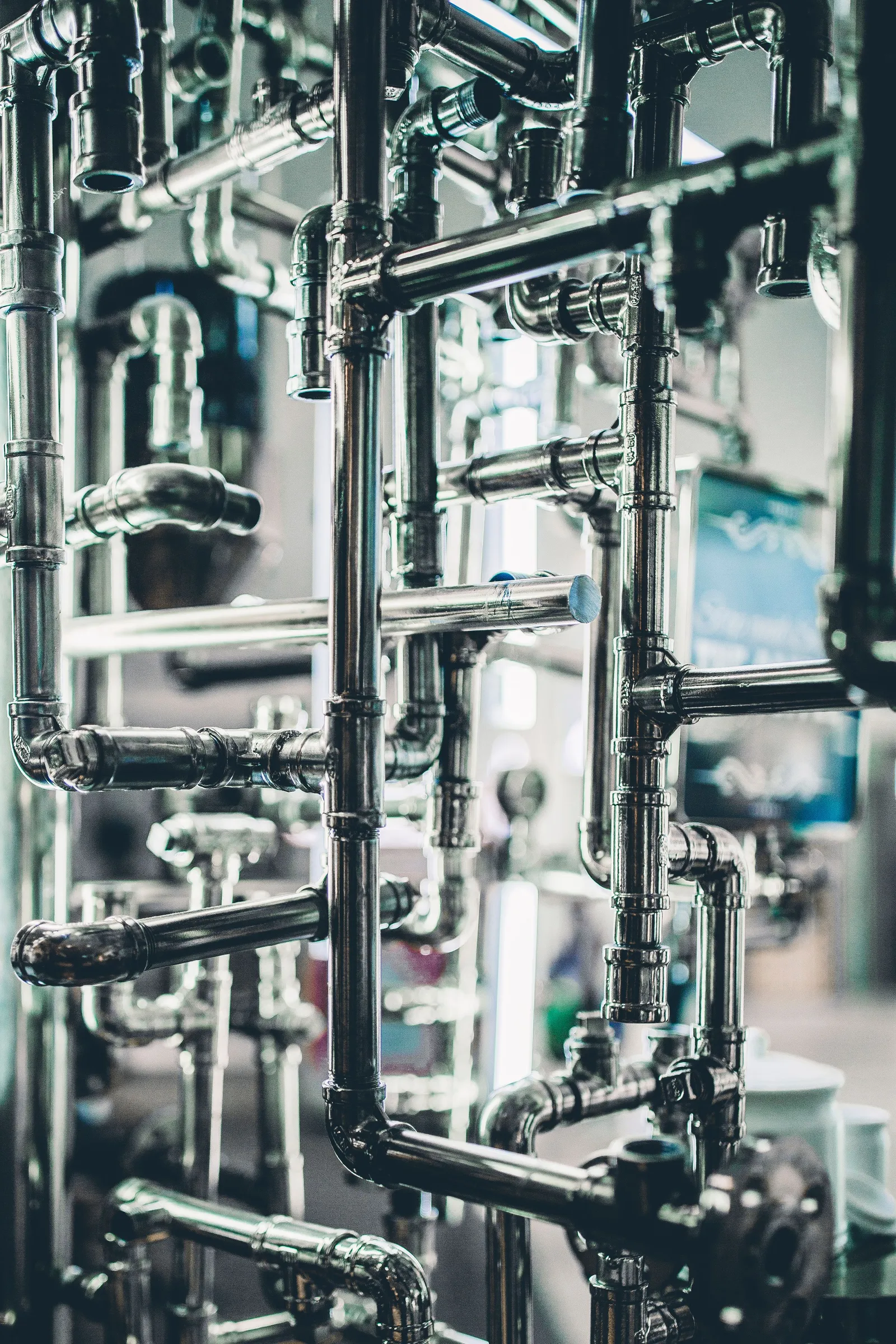 Deretan pipa logam di instalasi industri