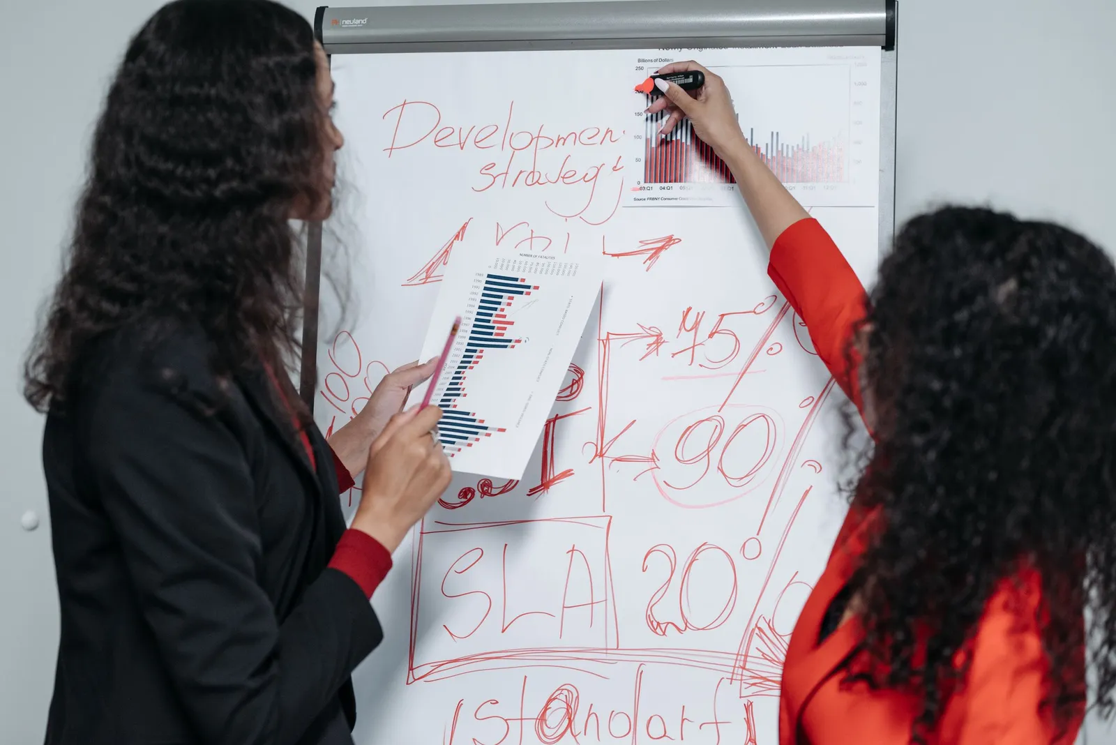 Dua perempuan menyusun strategi bisnis di papan tulis